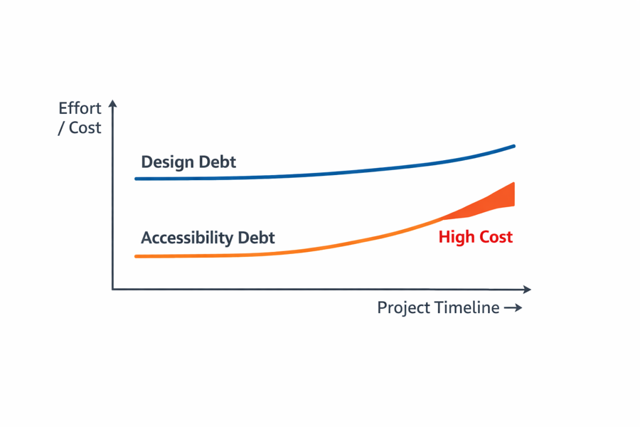 Line chart shows how accessibility debt accelerates faster than design debt, accumulating a higher effort/cost burden