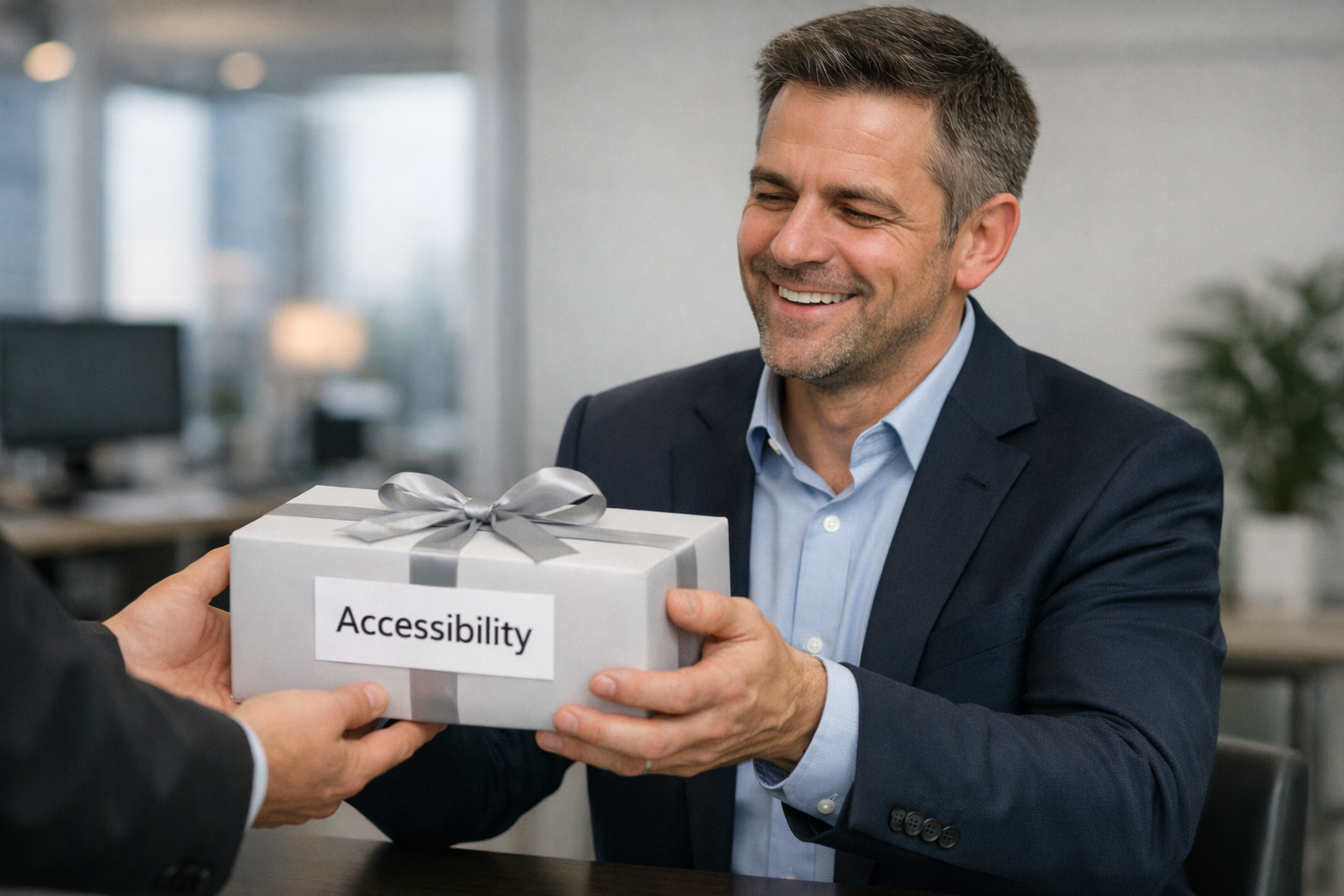 A business man happily accepts a gift-wrapped package labelled 'Accessibility'.