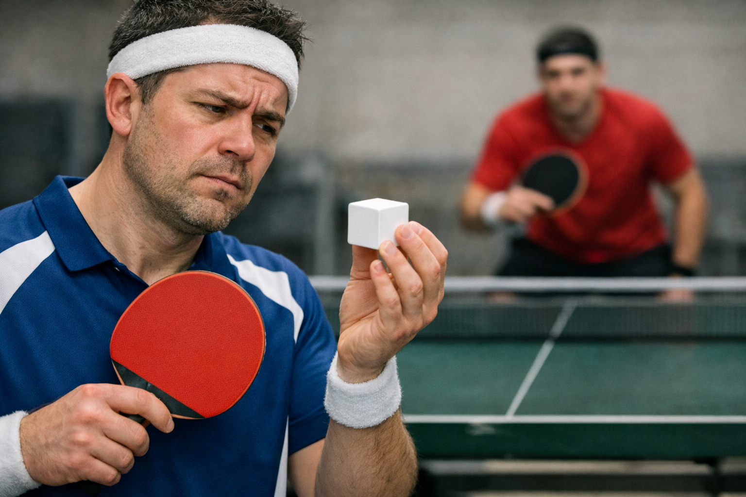 Table tennis player is puzzled by a square ping pong ball.