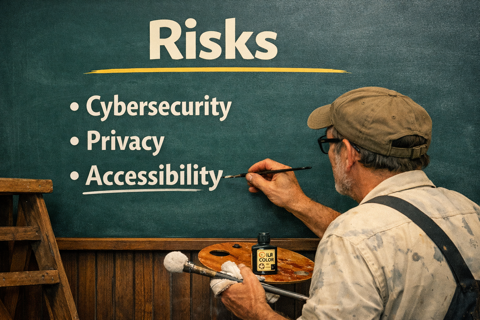 A painter is adding 'Accessibility' to a board that already has 'Cybersecurity' and 'Privacy' painted on it.