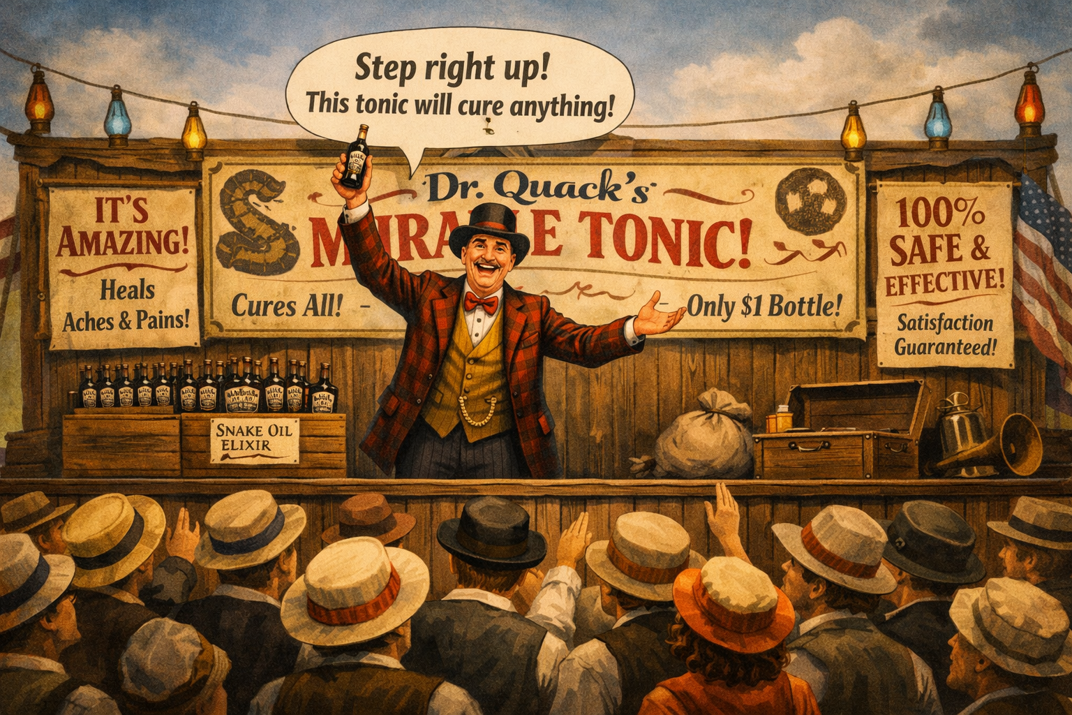 Vintage poster shows a man on an American frontier stage under sign 'Dr Miracle's Amazing Elixir. Only $1 Bottle!' saying 'Step right up! This elixir will cure all your problems' to a crowd of onlookers