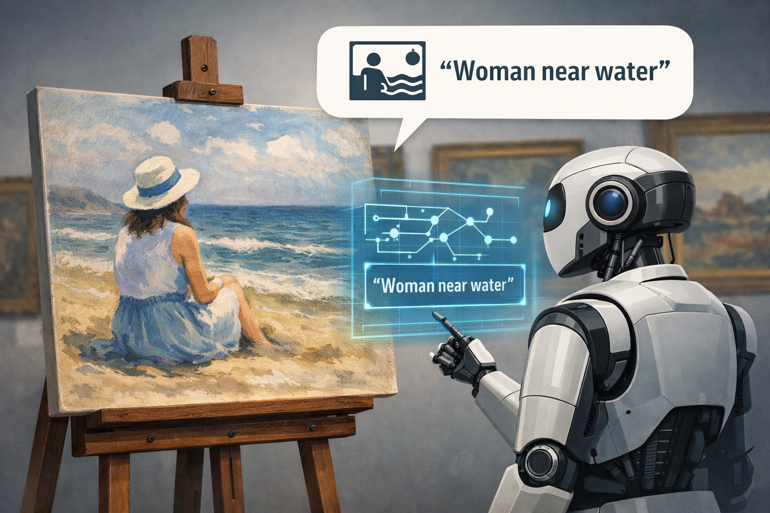 AI represented as a robot interprets a painting showing a woman seated on a beach gazing at the ocean in Impressionist style as simply 'woman near water'
