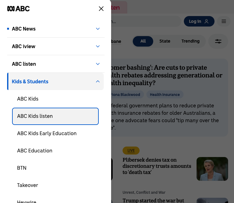 ABC network menu drawer expanded and showing nested navigation link sets.