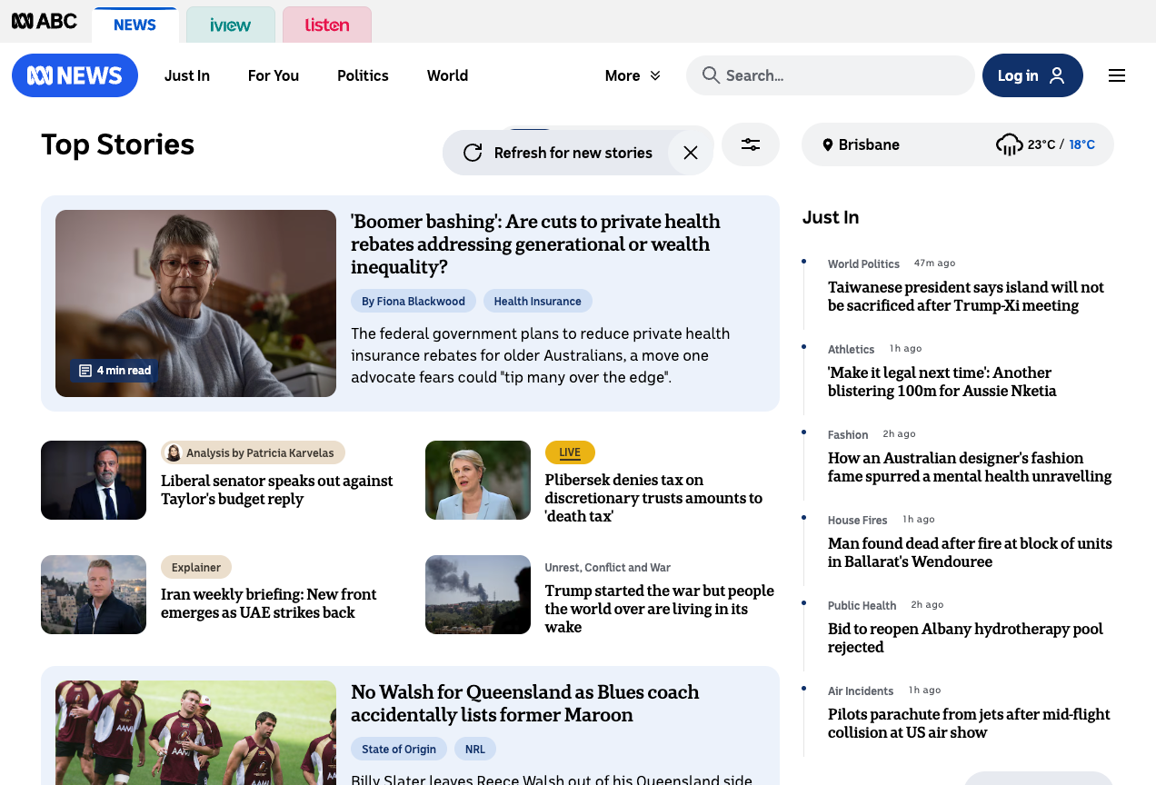 ABC homepage with network navigation pattern at top. A horizontal row of links to ABC News, ABC iview and ABC listen