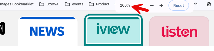 Network navigation component links enlarged to 200% zoom.