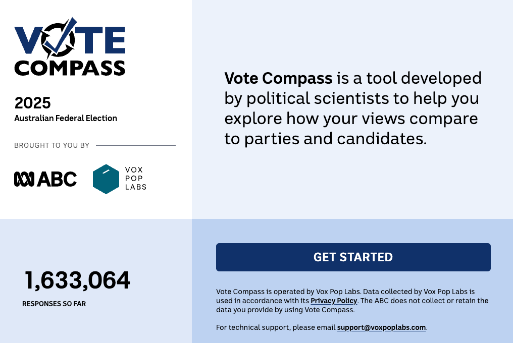 Vote Compass application start page with 'Get Started' button.